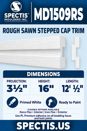 MD1509RS Rough Sawn Stepped Cap Trim — white moulding rendering and side profile.