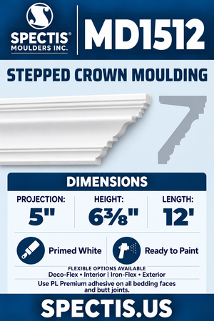MD1512 Stepped Crown Moulding — white moulding rendering and side profile.