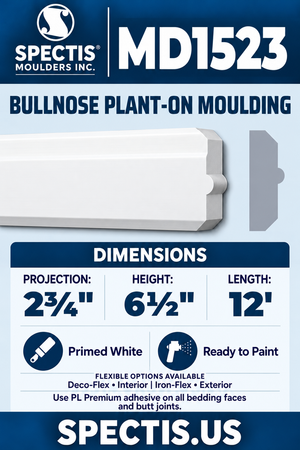 MD1523 Bullnose Plant-On Moulding — white moulding rendering and side profile.