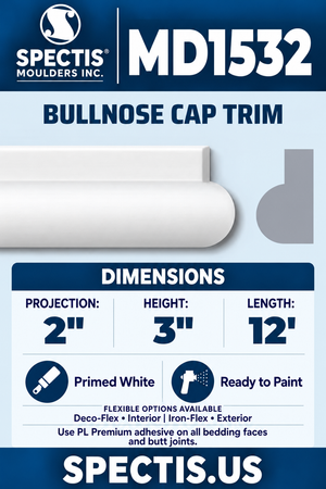MD1532 Bullnose Cap Trim — white moulding rendering and side profile.