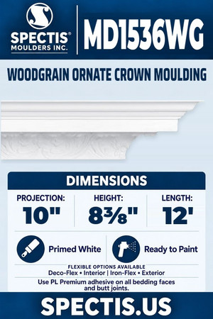 Spectis MD1536WG woodgrain ornate crown moulding, section and side profile. 10 inch projection, 8⅜ inch height, 12 foot length. Use PL Premium adhesive. Flexible options: Deco-Flex for interior use; Iron-Flex for exterior use.