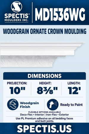 Spectis MD1536WG woodgrain ornate crown moulding, section and side profile. 10 inch projection, 8⅜ inch height, 12 foot length. Use PL Premium adhesive. Flexible options: Deco-Flex for interior use; Iron-Flex for exterior use.