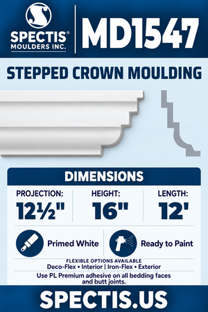 MD1547 Stepped Crown Moulding — white moulding rendering and side profile.