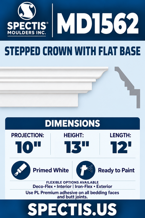 MD1562 Stepped Crown with Flat Base — white moulding rendering and side profile.