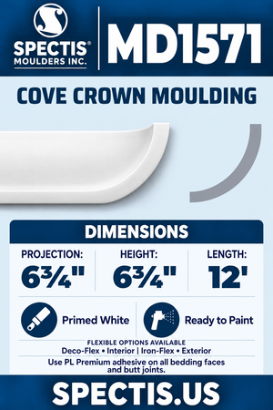 MD1571 Cove Crown Moulding — white moulding rendering and side profile.