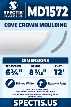MD1572 Cove Crown Moulding — white moulding rendering and side profile.