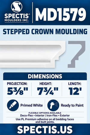 MD1579 Stepped Crown Moulding — white moulding rendering and side profile.
