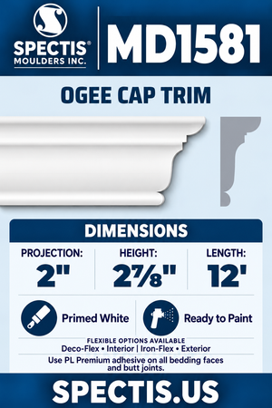 MD1581 Ogee Cap Trim — white moulding rendering and side profile.