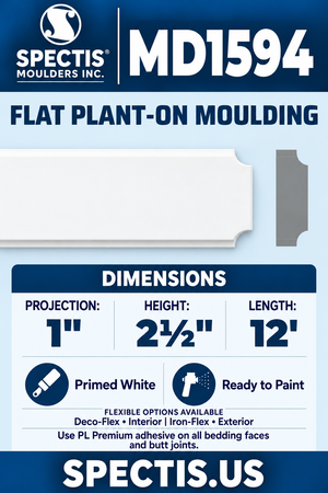MD1594 Flat Plant-On Moulding — white moulding rendering and side profile.