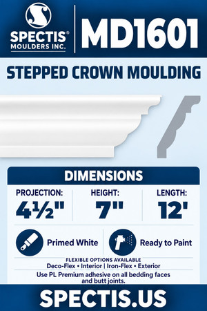 MD1601 Stepped Crown Moulding — 4½″ projection × 7″ height × 12′ length — white moulding and matching side profile