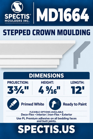MD1664 Stepped Crown Moulding — Polyurethane — 3¾″ P × 4 9⁄16″ H × 12′ L — moulding and matching side profile
