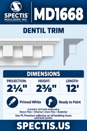 MD1668 Dentil Trim — Polyurethane — 2¼″ P × 2⅜″ H × 12′ L — moulding and matching side profile