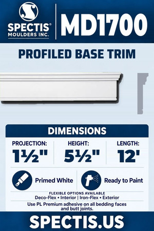 Spectis MD1700 profiled base trim, section and side profile. 1½ inch projection, 5½ inch height, 12 foot length. Use PL Premium adhesive. Flexible options: Deco-Flex for interior use; Iron-Flex for exterior use.