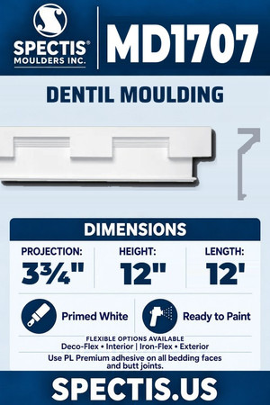 Spectis MD1707 dentil moulding, section and side profile. 3¾ inch projection, 12 inch height, 12 foot length. Use PL Premium adhesive. Flexible options: Deco-Flex for interior use; Iron-Flex for exterior use.