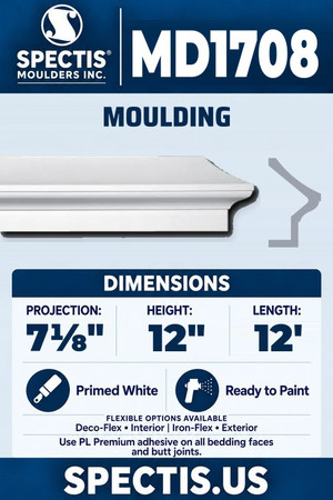 Spectis MD1708 moulding, section and side profile. 7⅛ inch projection, 12 inch height, 12 foot length. Use PL Premium adhesive. Flexible options: Deco-Flex for interior use; Iron-Flex for exterior use.