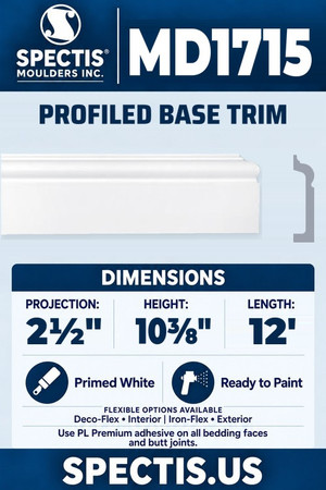 Spectis MD1715 profiled base trim, section and side profile. 2½ inch projection, 10⅜ inch height, 12 foot length. Use PL Premium adhesive. Flexible options: Deco-Flex for interior use; Iron-Flex for exterior use.