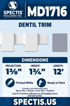 MD1716 Dentil Trim — Polyurethane — 1⅜″ P × 1¾″ H × 12′ L — aligned section and side profile.