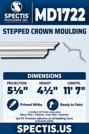Spectis MD1722 stepped crown moulding, section and side profile. 5⅛ inch projection, 4½ inch height, 11 foot 7 inch length. Use PL Premium adhesive. Flexible options: Deco-Flex for interior use; Iron-Flex for exterior use.