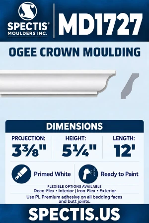 MD1727 Ogee Crown Moulding — Polyurethane — 3⅜″ P × 5¼″ H × 12′ L — aligned section and side profile.