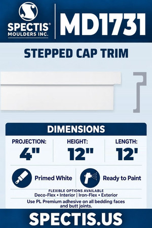 Spectis MD1731 stepped cap trim, section and side profile. 4 inch projection, 12 inch height, 12 foot length. Use PL Premium adhesive. Flexible options: Deco-Flex for interior use; Iron-Flex for exterior use.