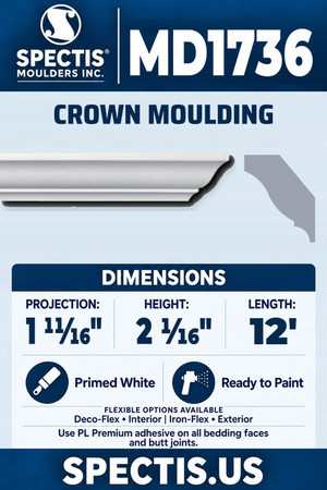 Spectis MD1736 crown moulding, section and side profile. 1 11⁄16 inch projection, 2 1⁄16 inch height, 12 foot length. Use PL Premium adhesive. Flexible options: Deco-Flex for interior use; Iron-Flex for exterior use.