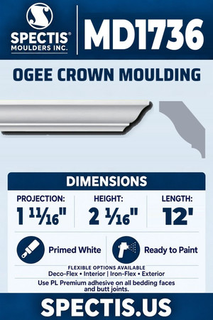 Spectis MD1736 ogee crown moulding, section and side profile. 1 11⁄16 inch projection, 2 1⁄16 inch height, 12 foot length. Use PL Premium adhesive. Flexible options: Deco-Flex for interior use; Iron-Flex for exterior use.