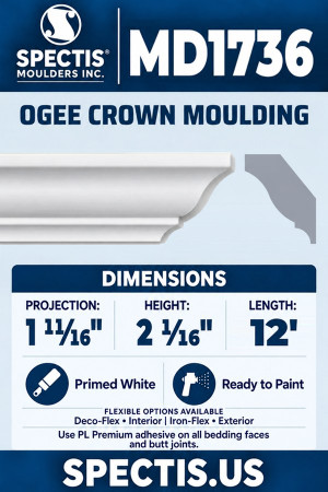 MD1736 Ogee Crown Moulding — Polyurethane — 1 11⁄16″ P × 2 1⁄16″ H × 12′ L — aligned section and side profile.