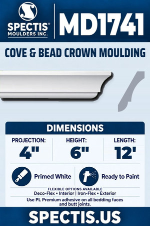 Spectis MD1741 cove & bead crown moulding, section and side profile. 4 inch projection, 6 inch height, 12 foot length. Use PL Premium adhesive. Flexible options: Deco-Flex for interior use; Iron-Flex for exterior use.