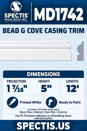 MD1742 Bead & Cove Casing Trim — Polyurethane — 1 7⁄16″ P × 5″ H × 12′ L — aligned section and side profile.