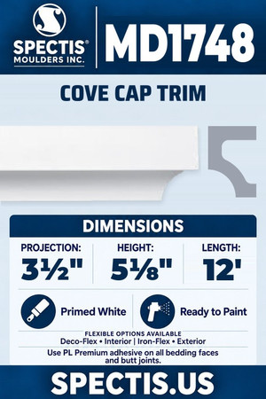 Spectis MD1748 cove cap trim, section and side profile. 3½ inch projection, 5⅛ inch height, 12 foot length. Use PL Premium adhesive. Flexible options: Deco-Flex for interior use; Iron-Flex for exterior use.