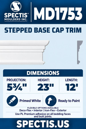 MD1753 Stepped Base Cap Trim — Polyurethane — 5¾″ P × 23″ H × 12′ L — aligned section and side profile.