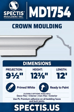 Spectis MD1754 crown moulding, section and side profile. 9½ inch projection, 12⅜ inch height, 12 foot length. Use PL Premium adhesive. Flexible options: Deco-Flex for interior use; Iron-Flex for exterior use.