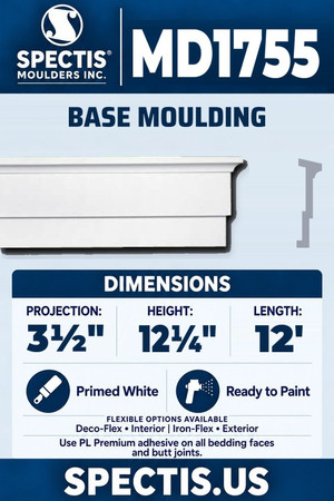 Spectis MD1755 base moulding, section and side profile. 3½ inch projection, 12¼ inch height, 12 foot length. Use PL Premium adhesive. Flexible options: Deco-Flex for interior use; Iron-Flex for exterior use.
