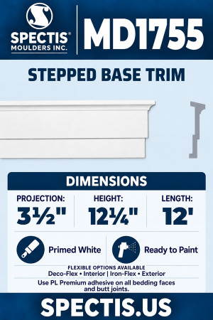 MD1755 Stepped Base Trim — Polyurethane — 3½″ P × 12¼″ H × 12′ L — aligned section and side profile.