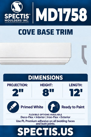 MD1758 Cove Base Trim — Polyurethane — 2″ P × 8″ H × 12′ L — aligned section and side profile.