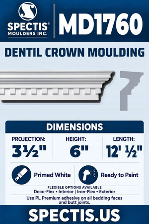 Spectis MD1760 dentil crown moulding, section and side profile. 3½ inch projection, 6 inch height, 12 foot ½ inch length. Use PL Premium adhesive. Flexible options: Deco-Flex for interior use; Iron-Flex for exterior use.