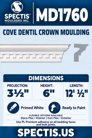 MD1760 Cove Dentil Crown Moulding — Polyurethane — 3½″ P × 6″ H × 12′½″ L — aligned section and side profile.