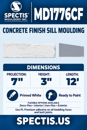 MD1776CF Concrete Finish Sill Moulding — Polyurethane — 7″ P × 3″ H × 12′ L — clean moulding and matching side profile