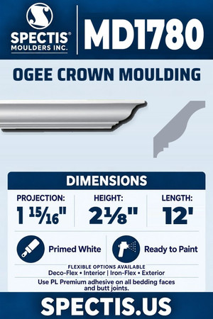 Spectis MD1780 ogee crown moulding, section and side profile. 1 15⁄16 inch projection, 2⅛ inch height, 12 foot length. Use PL Premium adhesive. Flexible options: Deco-Flex for interior use; Iron-Flex for exterior use.