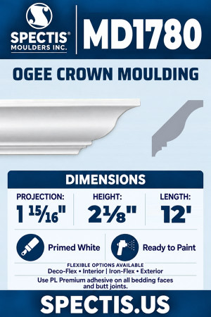 MD1780 Ogee Crown Moulding — Polyurethane — 1 15⁄16″ P × 2⅛″ H × 12′ L — aligned section and side profile.