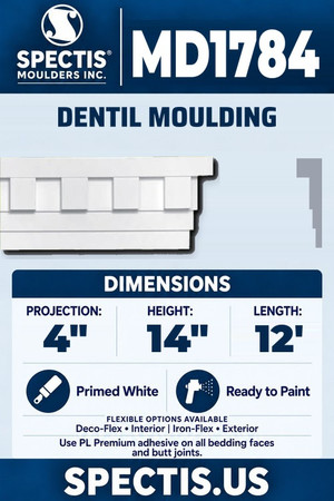 Spectis MD1784 dentil moulding, section and side profile. 4 inch projection, 14 inch height, 12 foot length. Use PL Premium adhesive. Flexible options: Deco-Flex for interior use; Iron-Flex for exterior use.