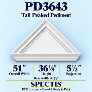 PD3643 Tall Peaked Pediment – 51 inch overall width, 36 1/8 inch height, 5 1/2 inch projection – HDP urethane