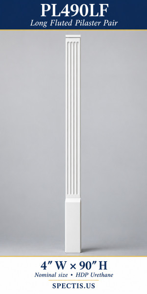 PL490LF Long Fluted Pilaster Pair – 4″ W × 90″ H – HDP Urethane