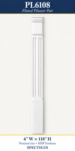 PL6108 Fluted Pilaster Pair – 6″ W × 118″ H – HDP Urethane