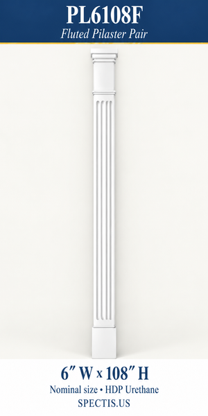 PL6108F Fluted Pilaster Pair – 6″ W × 108″ H