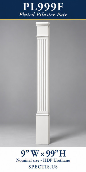 PL999F Fluted Pilaster Pair – 9″ W × 99″ H – HDP Urethane