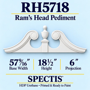 RH5718 Ram’s Head Pediment, primed HDP urethane, 57 9/16 inch base width x 18 1/2 inch height x 6 inch projection