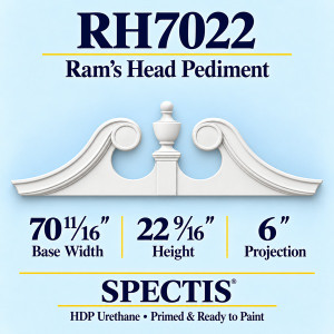 RH7022 Ram’s Head Pediment, primed HDP urethane, 70 11/16 inch base width x 22 9/16 inch height x 6 inch projection