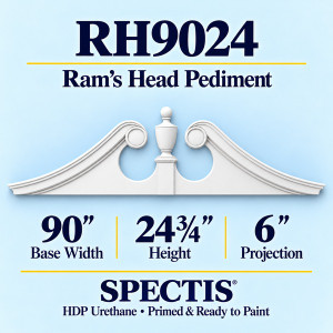 RH9024 Ram’s Head Pediment, primed HDP urethane, 90 inch base width x 24 3/4 inch height x 6 inch projection