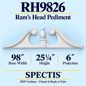 RH9826 Ram’s Head Pediment, primed HDP urethane, 98 inch base width x 25 1/4 inch height x 6 inch projection